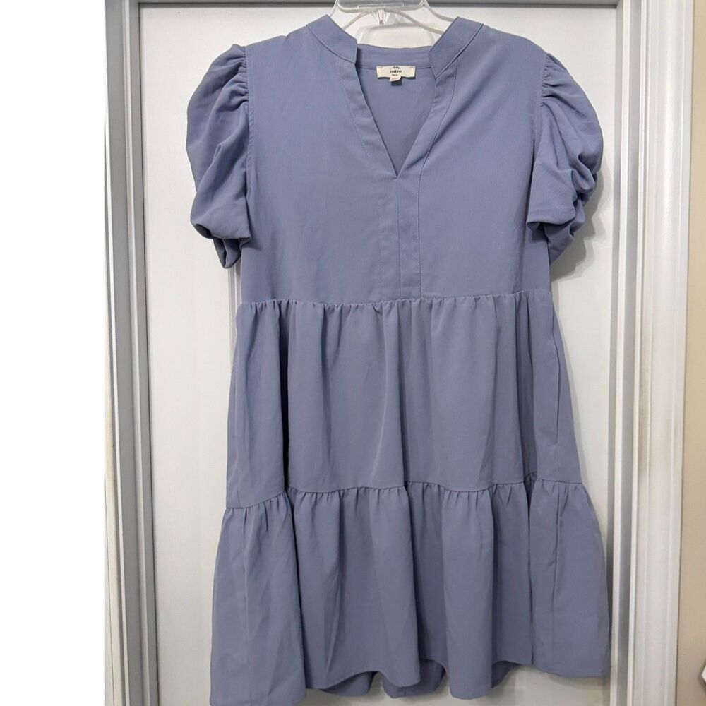 Entro Dusty Blue Tiered Puff Sleeve Dress – Size Large